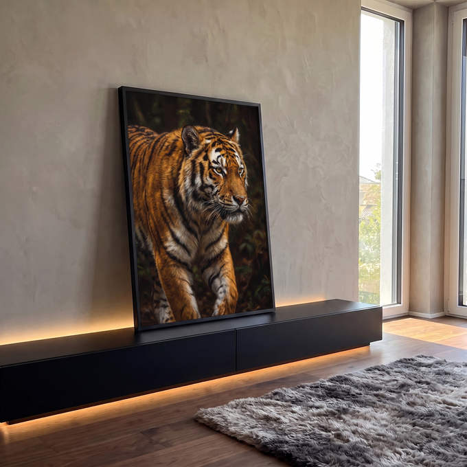 Tigre realista de olhos âmbar caminhando em floresta escura, pintura em tons laranja, quadro decorativo