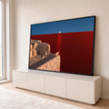 Quadro Decorativo Grande Gato Branco para Sala Vermelho | quadros decorativos para sala | gato branco em muro de pedra observando lua cheia sobre mar vermelho intenso | em Quadros para Sala | Porao dos Quadros