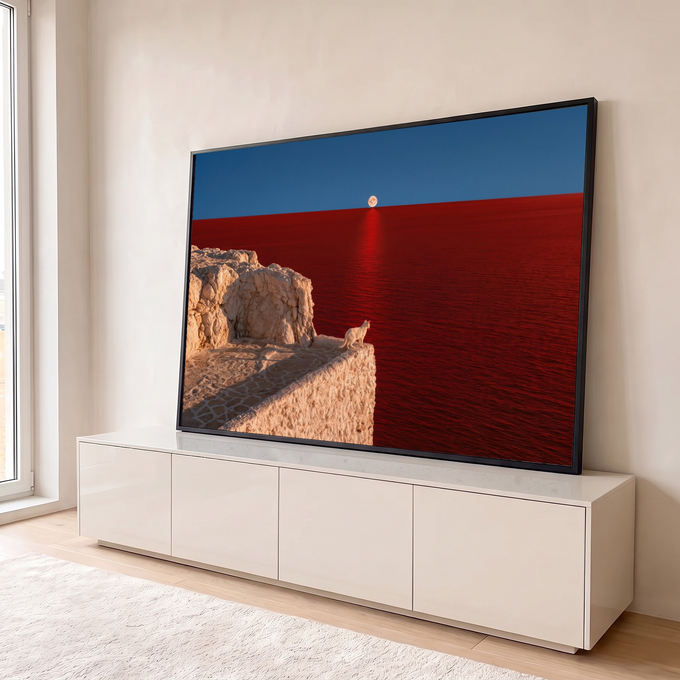 Quadro Decorativo Grande Gato Branco para Sala Vermelho | quadros decorativos para sala | gato branco em muro de pedra observando lua cheia sobre mar vermelho intenso | em Quadros para Sala | Porao dos Quadros