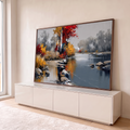 Pintura de rio calmo no outono com bétulas, folhas vermelhas e amarelas e pedras, quadro decorativo