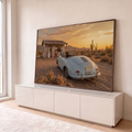 Quadro Decorativo Grande Carro Antigo para Sala Laranja | quadros decorativos para sala | carro conversível vintage azul com cachorro dachshund no deserto ao pôr do sol | em Quadros para Sala | Porao dos Quadros
