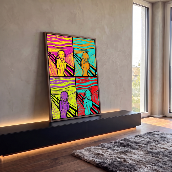 Quadro Decorativo Grande Grito de Munch Sala para Sala Rosa | quadros decorativos para sala | figura gritando em quatro paletas pop art vibrantes inspirada em O Grito | em Quadros para Sala | Porao dos Quadros