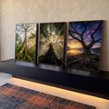 Quadro Decorativo Kit 3 Telas Árvore em Floresta para Sala | quadros decorativos para sala | árvores em três cenários: floresta com luz solar, raios dourados e noite estrelada sobre lago | em Quadros para Sala | Porao dos Quadros