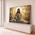 Jesus Cristo orando de olhos fechados com halo de luz e fundo geométrico dourado, quadro decorativo