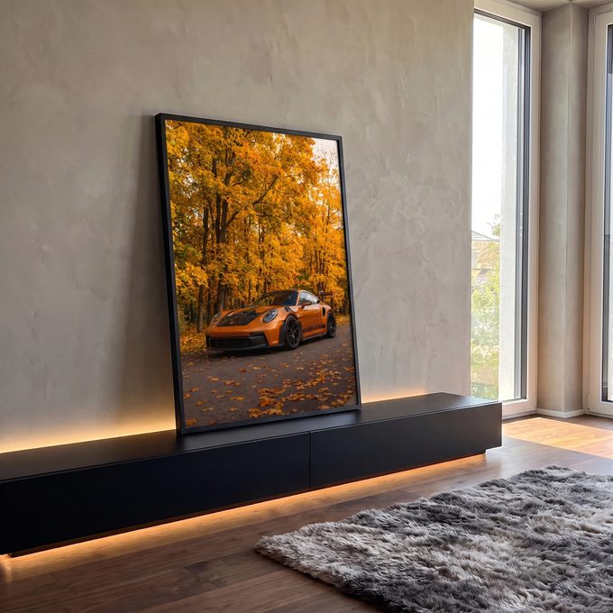 Quadro Decorativo Grande Carro Esportivo para Sala Laranja | quadros decorativos para sala | carro esportivo laranja estacionado em estrada cercada por árvores de outono douradas | em Quadros para Sala | Porao dos Quadros