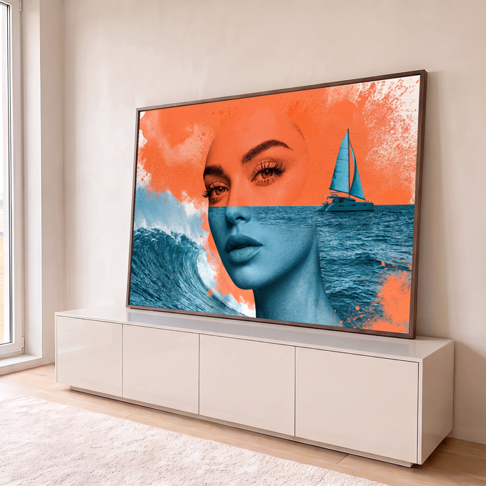 Rosto de mulher dividido em laranja e azul fundido ao mar com onda e catamarã, quadro decorativo