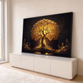 Quadro Decorativo Grande Árvore Dourada Contraste para Sala | quadros decorativos para sala | árvore dourada brilhante com galhos entrelaçados sobre fundo preto profundo | em Quadros para Sala | Porao dos Quadros