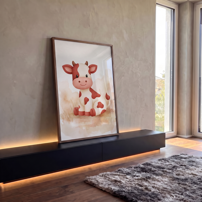 Vaquinha fofa sentada com manchas terracota sobre fundo aquarela bege, ilustração infantil, quadro decorativo