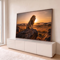 Quadro Decorativo Grande Leão na Savana Dourado para Sala | quadros decorativos para sala | leão em pé sobre rocha com juba dourada contra céu de pôr do sol na savana | em Quadros para Sala | Porao dos Quadros