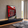 Lanternas traseiras triplas cromadas de carro clássico vermelho em pintura realista, quadro decorativo