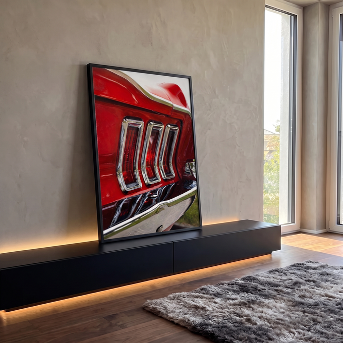 Lanternas traseiras triplas cromadas de carro clássico vermelho em pintura realista, quadro decorativo