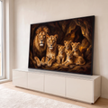 Quadro Decorativo Grande Família de Leões Marrom para Sala | quadros decorativos para sala | família de leões realista com filhotes em caverna rochosa, tons dourados e marrons | em Quadros para Sala | Porao dos Quadros