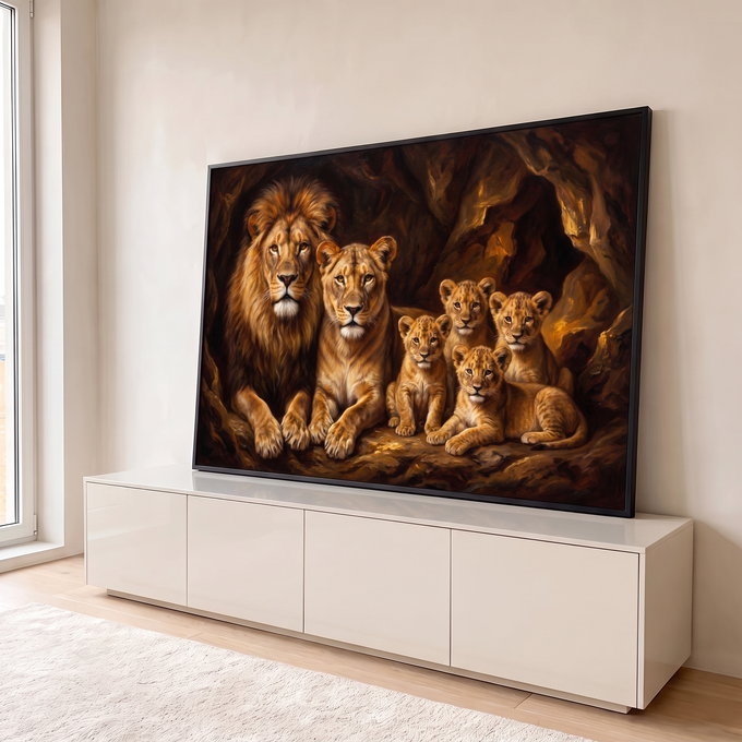 Quadro Decorativo Grande Família de Leões Marrom para Sala | quadros decorativos para sala | família de leões realista com filhotes em caverna rochosa, tons dourados e marrons | em Quadros para Sala | Porao dos Quadros