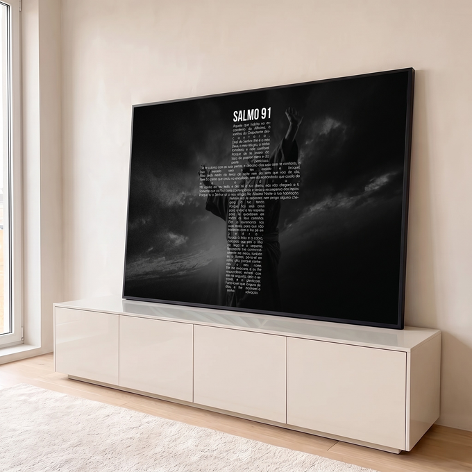Quadro Decorativo Grande Salmo 91 para Sala Preto | quadros decorativos para sala | silhueta de figura com braço erguido ao céu, texto do Salmo 91 em preto e branco | em Quadros para Sala | Porao dos Quadros