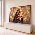 Nossa Senhora coroada com Menino Jesus e dois anjos entre nuvens douradas, quadro decorativo