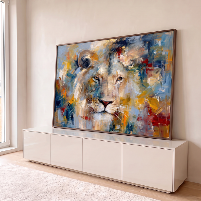 Quadro Decorativo Grande Leão Expressionista para Sala Azul | quadros decorativos para sala | rosto de leão em pinceladas expressionistas coloridas sobre fundo abstrato azul e dourado | em Quadros para Sala | Porao dos Quadros