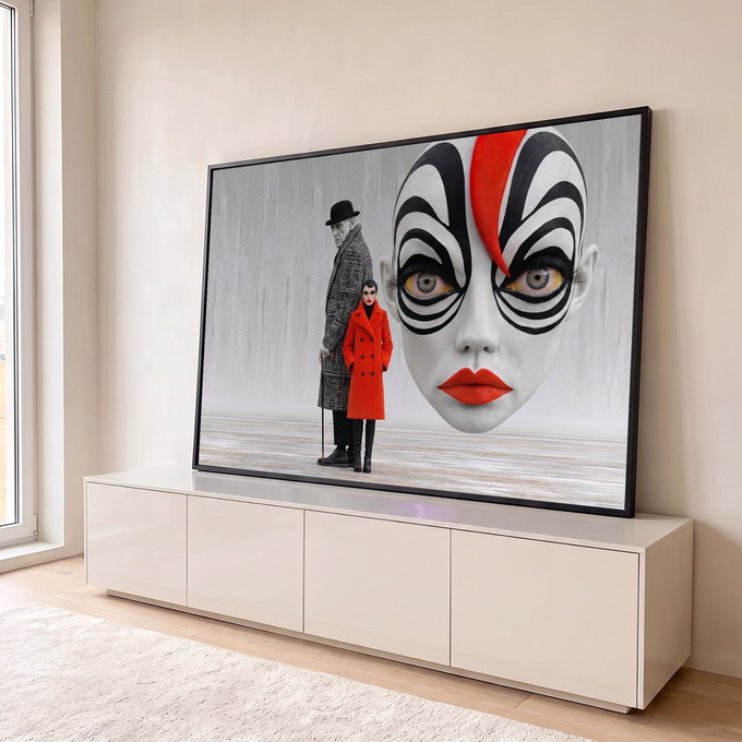 Quadro Decorativo Grande Rosto Pintado para Sala Preto | quadros decorativos para sala | rosto gigante com pintura facial preto e branco e lábios vermelhos ao lado de dois bonecos | em Quadros para Sala | Porao dos Quadros