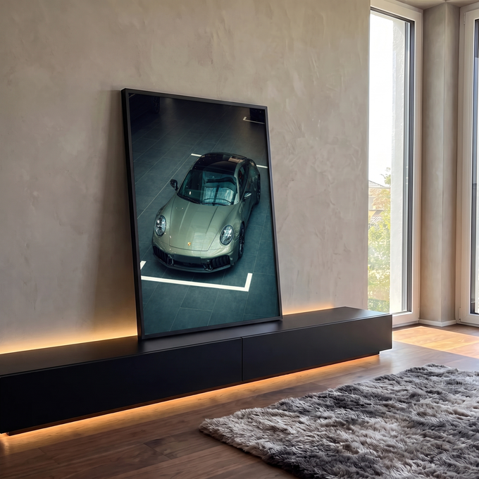 Porsche 911 verde oliva visto de cima em showroom com piso cinza e faixas brancas, quadro decorativo