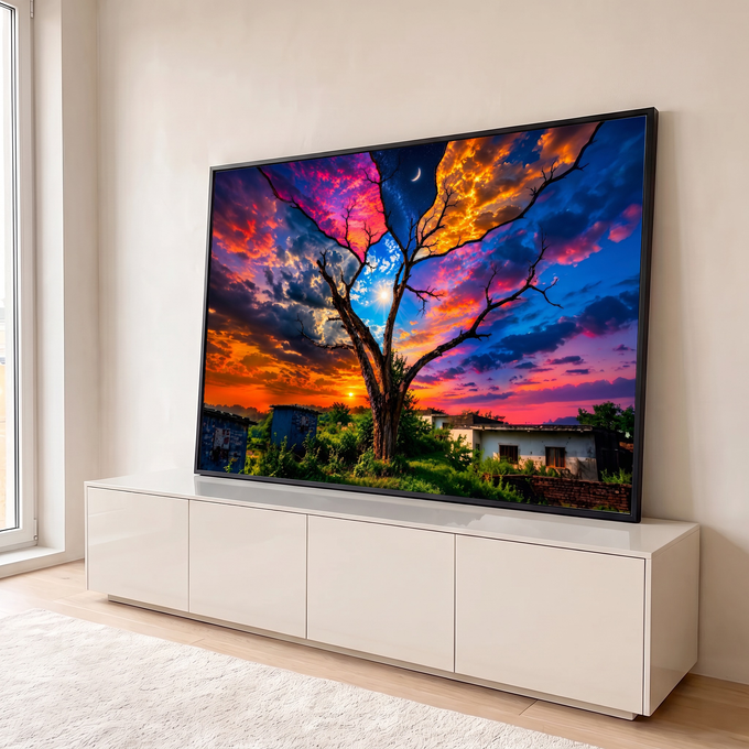 Árvore seca com céu dividido entre sol, lua crescente e pôr do sol colorido, quadro decorativo