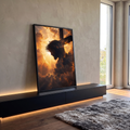 Quadro Decorativo Grande Jesus Espinhos para Sala | quadros decorativos para sala | silhueta de Jesus com coroa de espinhos contra céu dourado dramático e cruz de madeira | em Quadros para Sala | Porao dos Quadros