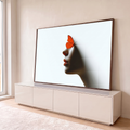 Quadro Decorativo Grande Perfil de Mulher para Sala Laranja | quadros decorativos para sala | perfil feminino em sombra com borboleta laranja pousada no rosto sobre fundo branco | em Quadros para Sala | Porao dos Quadros