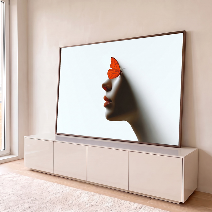 Quadro Decorativo Grande Perfil de Mulher para Sala Laranja | quadros decorativos para sala | perfil feminino em sombra com borboleta laranja pousada no rosto sobre fundo branco | em Quadros para Sala | Porao dos Quadros