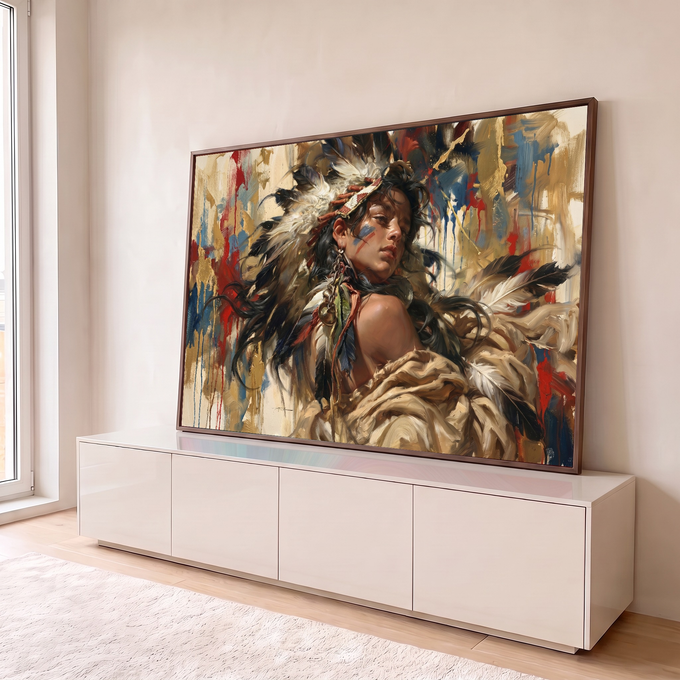 Mulher indígena com cocar de penas e pintura facial em pinceladas soltas e fundo dourado, quadro decorativo