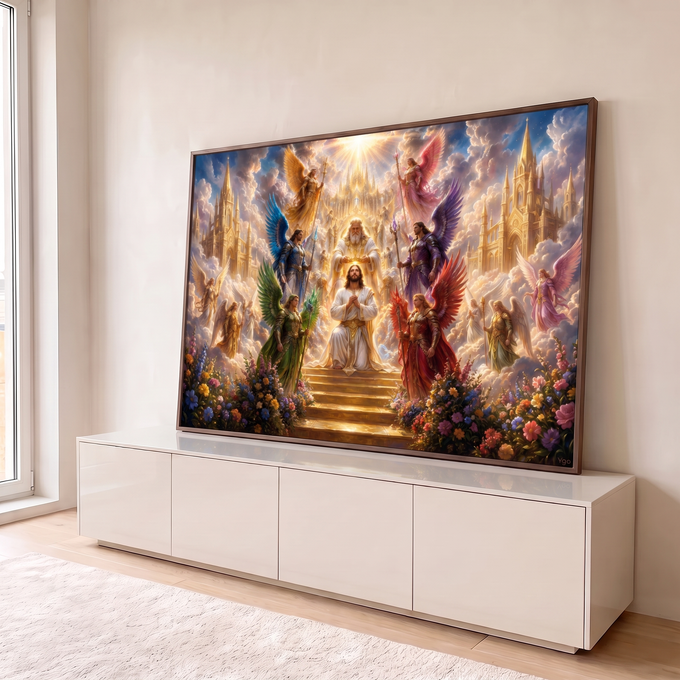Quadro Decorativo Grande Jesus Coroado Dourado para Sala | quadros decorativos para sala | Jesus ajoelhado sendo coroado por Deus, cercado de anjos coloridos em céu dourado | em Quadros para Sala | Porao dos Quadros