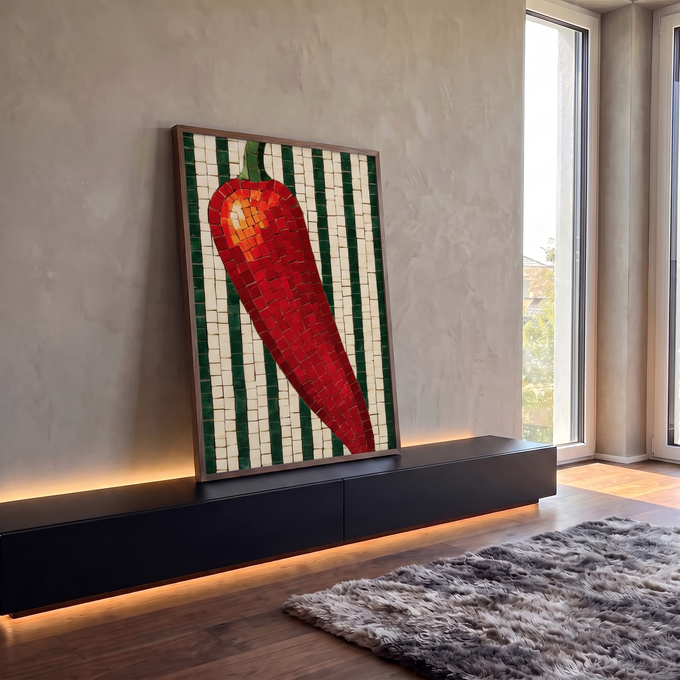 Quadro Decorativo Pimenta Vermelha em Mosaico com Fundo | quadros decorativos para sala | pimenta vermelha em estilo mosaico sobre fundo listrado bege e verde escuro | em Quadros para Area Gourmet | Porao dos Quadros