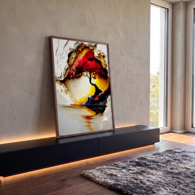 Árvore de copa vermelha sob sol dourado, reflexo na água e moldura em relevo branco, quadro decorativo