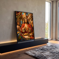 Quadro Decorativo Grande Última Ceia para Sala Vermelho | quadros decorativos para sala | Jesus partindo o pão em mosaico colorido com vitrais ao fundo | em Quadros para Sala | Porao dos Quadros