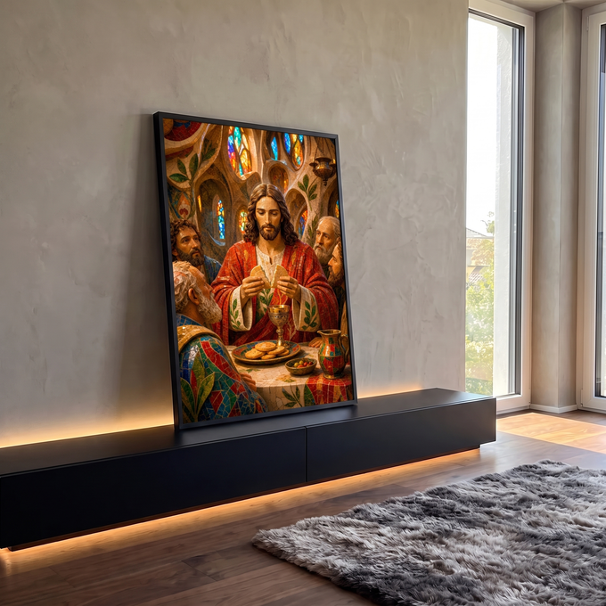 Quadro Decorativo Grande Última Ceia para Sala Vermelho | quadros decorativos para sala | Jesus partindo o pão em mosaico colorido com vitrais ao fundo | em Quadros para Sala | Porao dos Quadros