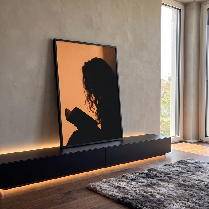 Quadro Decorativo Grande Silhueta de Mulher para Sala | quadros decorativos para sala | silhueta de mulher de cabelo cacheado lendo livro sob luz laranja quente | em Quadros para Sala | Porao dos Quadros