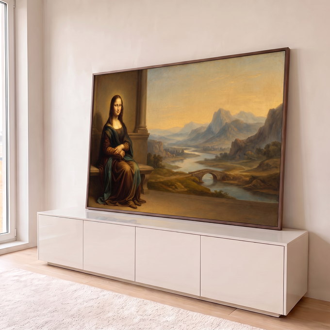 Quadro Decorativo Grande Mona Lisa para Sala Marrom | quadros decorativos para sala | mulher de manto marrom sentada com paisagem de rio e montanhas ao fundo em tons dourados | em Quadros para Sala | Porao dos Quadros
