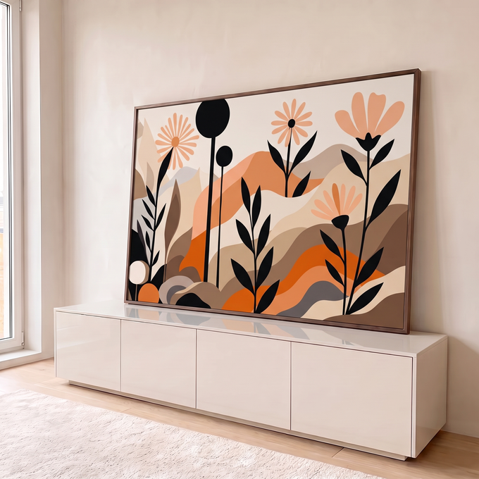 Quadro Decorativo Grande Flores Pretas para Sala Preto | quadros decorativos para sala | flores pretas e pêssego estilizadas sobre colinas abstratas em laranja e bege | em Quadros para Sala | Porao dos Quadros