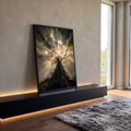 Quadro Decorativo Grande Árvore com Raios de Sol para Sala | quadros decorativos para sala | tronco de árvore visto de baixo com raios de sol dourados atravessando a copa | em Quadros para Sala | Porao dos Quadros