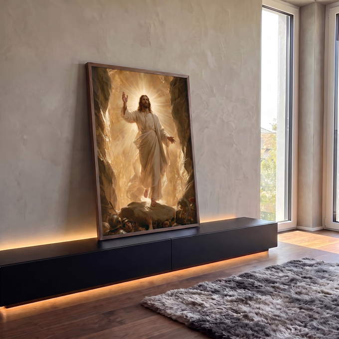 Quadro Decorativo Grande Jesus Cristo Ressurreição para Sala | quadros decorativos para sala | Jesus Cristo ressuscitado em túnica branca com halo de luz dourada saindo da caverna | em Quadros para Sala | Porao dos Quadros