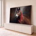 Quadro Decorativo Grande Cavalo Xale Vermelho para Sala | quadros decorativos para sala | retrato realista de cavalo castanho com faixa branca no focinho e xale vermelho no pescoço | em Quadros para Sala | Porao dos Quadros