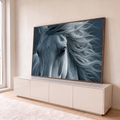 Quadro Decorativo Grande Cavalo Branco Vento para Sala Azul | quadros decorativos para sala | cavalo branco em close-up com crina longa esvoaçando em tons de azul-acinzentado | em Quadros para Sala | Porao dos Quadros