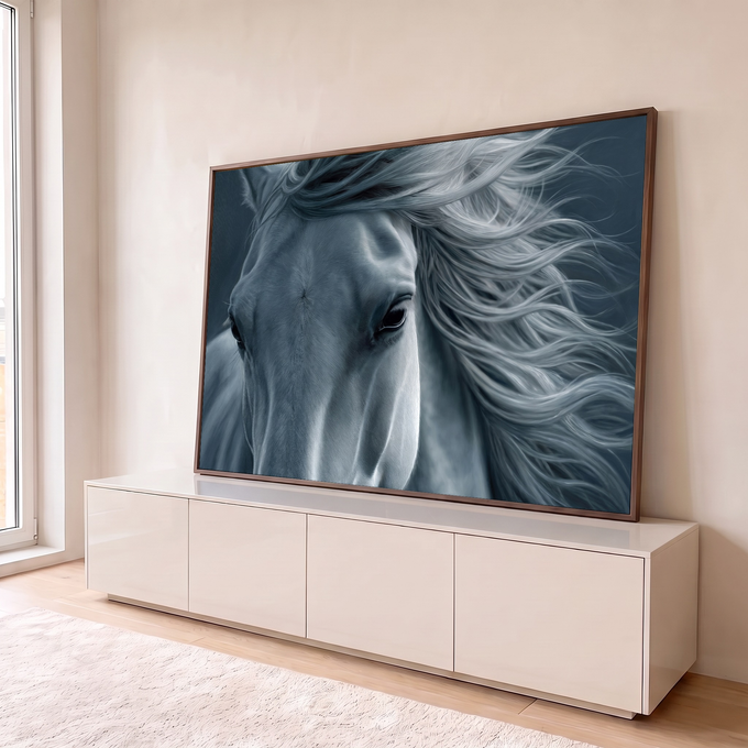 Quadro Decorativo Grande Cavalo Branco Vento para Sala Azul | quadros decorativos para sala | cavalo branco em close-up com crina longa esvoaçando em tons de azul-acinzentado | em Quadros para Sala | Porao dos Quadros