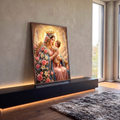 Quadro Decorativo Grande Nossa Senhora Rosas para Sala | quadros decorativos para sala | Nossa Senhora coroada segurando o Menino Jesus entre rosas e lírios com luz dourada | em Quadros para Sala | Porao dos Quadros