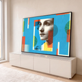 Quadro Decorativo Grande Retrato Pop Art Azul para Sala | quadros decorativos para sala | retrato feminino em efeito meio-tom sobre fundo azul com blocos geométricos coloridos | em Quadros para Sala | Porao dos Quadros