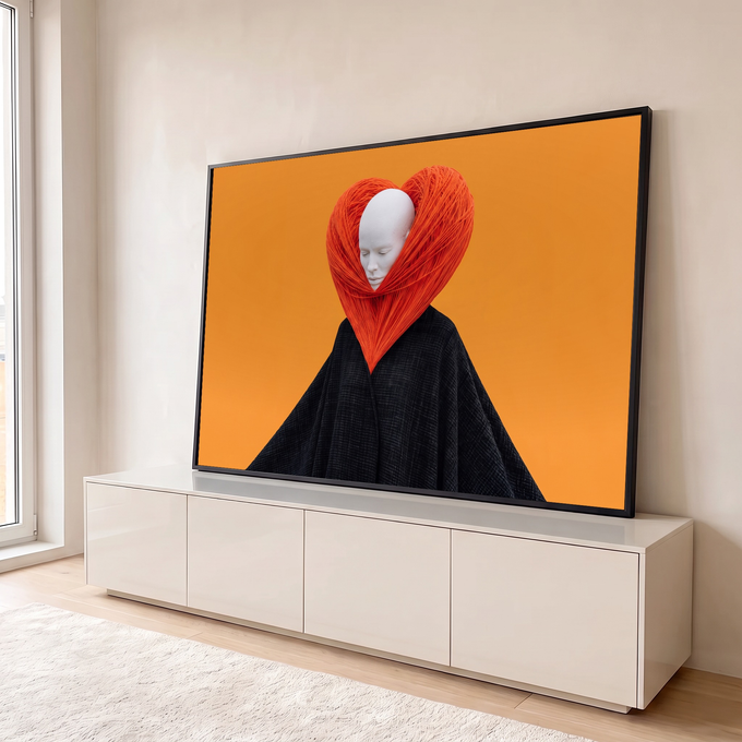 Rosto branco de olhos fechados dentro de coração de fios laranja, manto preto e fundo laranja, quadro decorativo