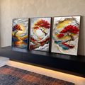 Quadro Decorativo Grande Árvore Vermelha para Sala Dourado | quadros decorativos para sala | árvore de folhas vermelhas sobre sol dourado com nuvens em relevo e rio colorido | em Quadros para Sala | Porao dos Quadros