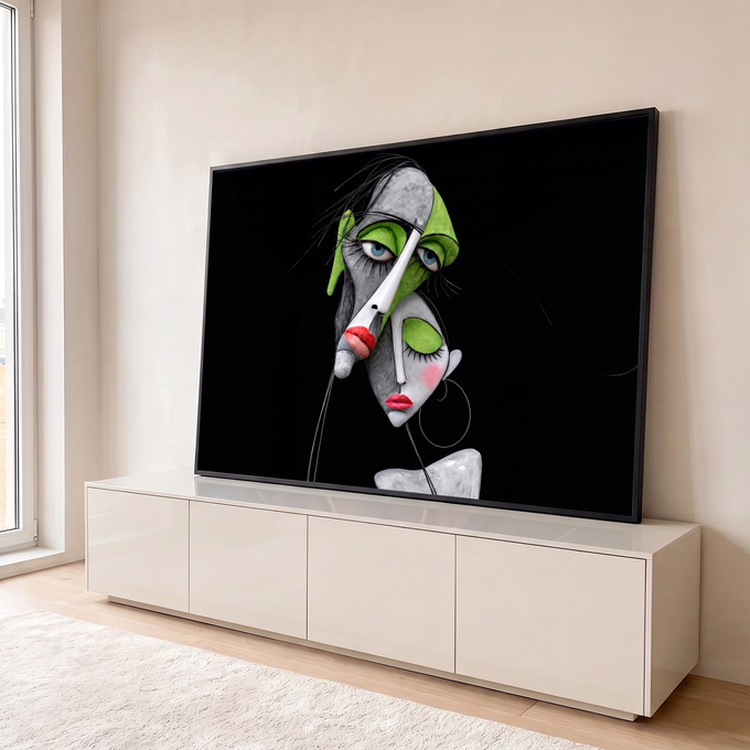 Dois rostos femininos cubistas em cinza e verde com lábios vermelhos e brinco de argola, fundo preto, quadro decorativo