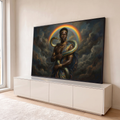 Quadro Decorativo Grande Homem com Serpente para Sala | quadros decorativos para sala | homem com olhos dourados e serpente enrolada nos braços sob arco-íris | em Quadros para Sala | Porao dos Quadros