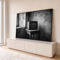 Quadro Decorativo Grande Rádio Antigo para Sala Preto | quadros decorativos para sala | rádio vintage com antenas e placa MEMORY em cena preto e branco decadente | em Quadros para Sala | Porao dos Quadros