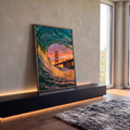 Tubo de onda turquesa emoldurando a ponte Golden Gate sob céu laranja ao pôr do sol, quadro decorativo