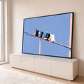 Passarinhos e ursinhos fofos sentados no fio com suco e waffle sobre fundo azul, quadro decorativo