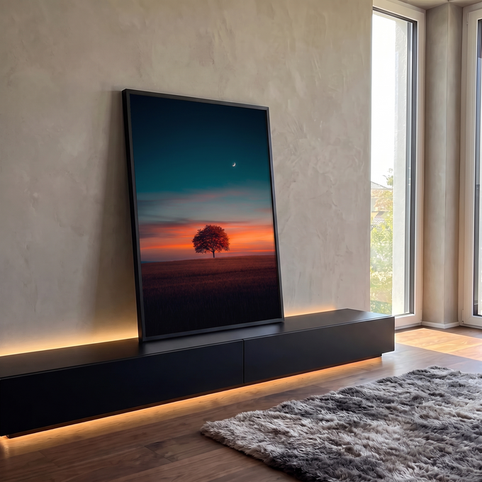 Quadro Decorativo Grande Árvore Solitária Paisagem para Sala | quadros decorativos para sala | árvore solitária silhueta em campo ao entardecer com lua crescente no céu | em Quadros para Sala | Porao dos Quadros